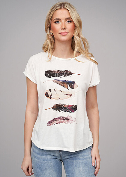 Cloud5ive Dames Viscose T-Shirt met veer print wit