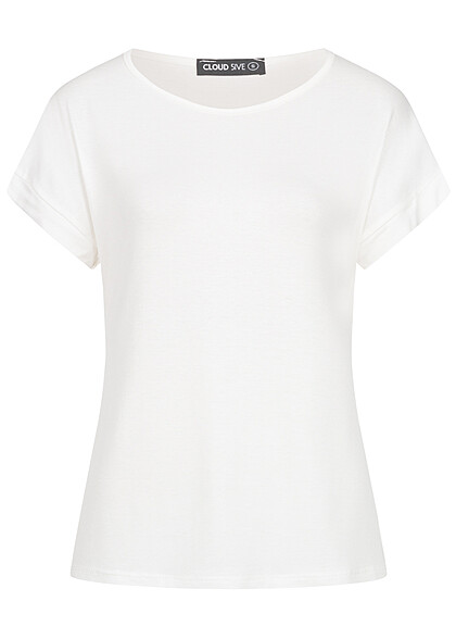 Cloud5ive Dames Viscose T-shirt met opgerolde mouwen en ronde hals wit