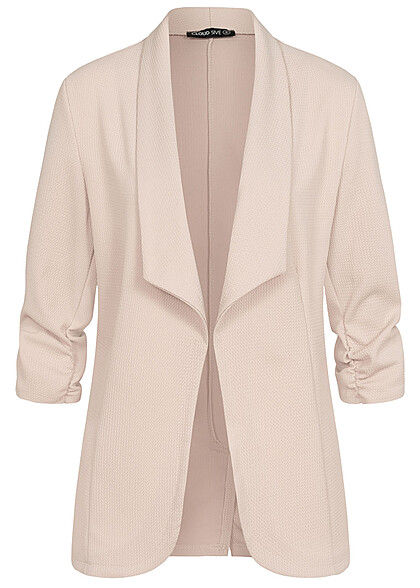 Cloud5ive Dames Blazer met geplooide 3/4 mouwen en structuurstof beige