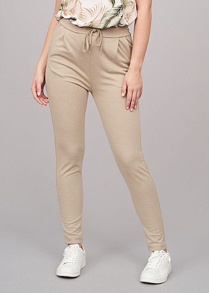 Cloud5ive Dames Stoffen broek met 2 zakken en trekkoorden beige