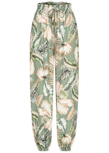 Cloud5ive Dames Crpe Broek met strikceintuur en tropical print groen