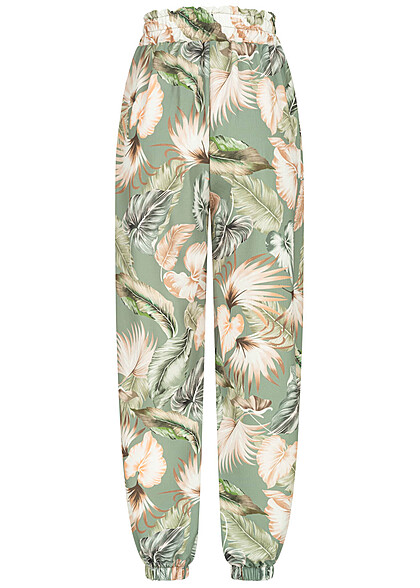 Cloud5ive Dames Crpe Broek met strikceintuur en tropical print groen