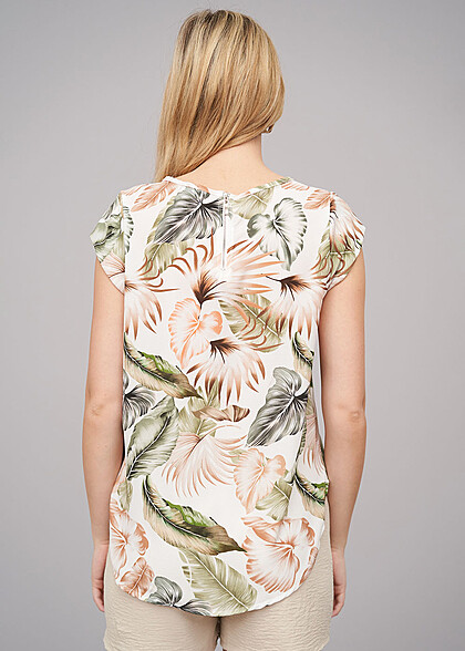 Cloud5ive Dames Blouse met ritssluiting en tropische print wit