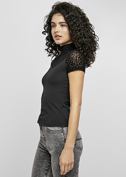 Urban Classics Dames T-Shirt met Turtleneck en Flockkant zwart