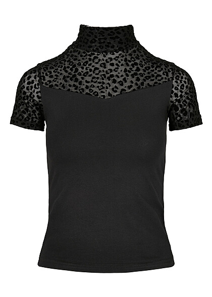 Urban Classics Dames T-Shirt met Turtleneck en Flockkant zwart