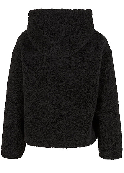 Urban Classics Dames Crop Sherpa Jacke met Kap 2-Pockets zwart